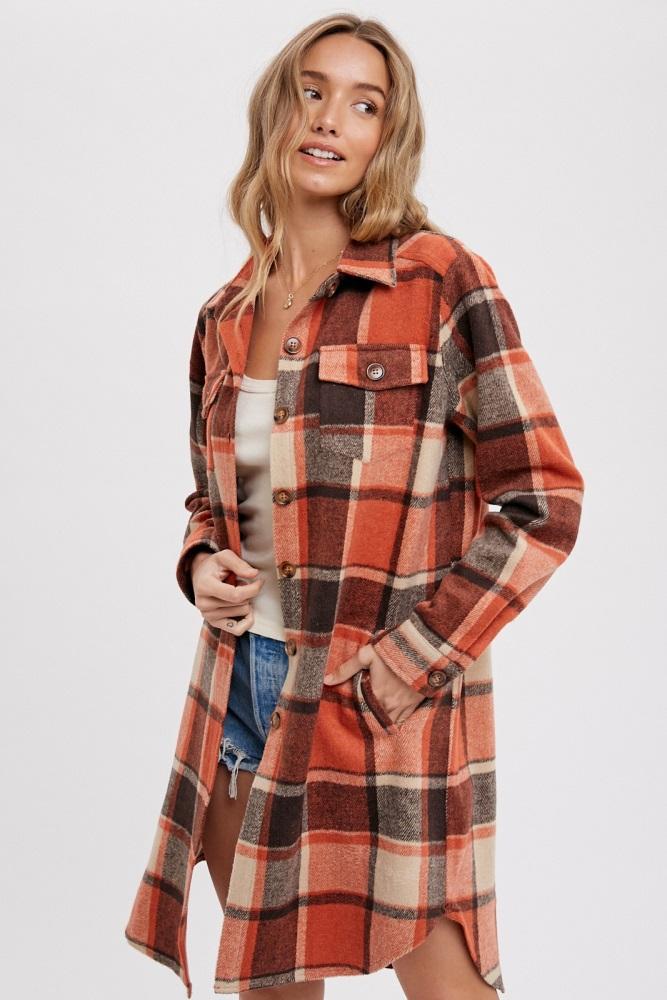rust plaid fleece long shirt jacket