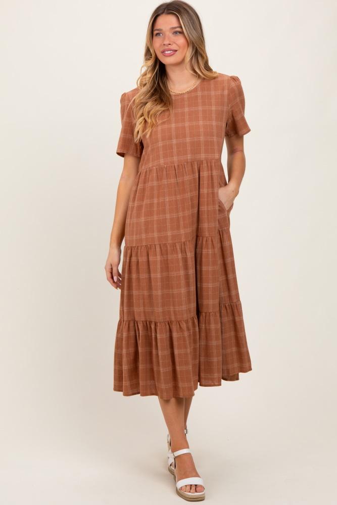 rust plaid tiered short sleeve dress