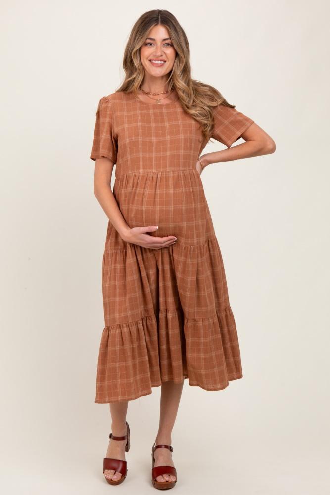 rust plaid tiered short sleeve maternity dress