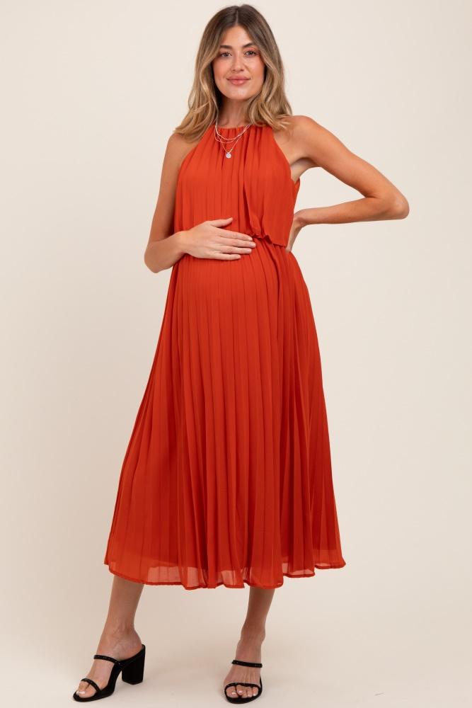 rust pleated woven maternity midi dress