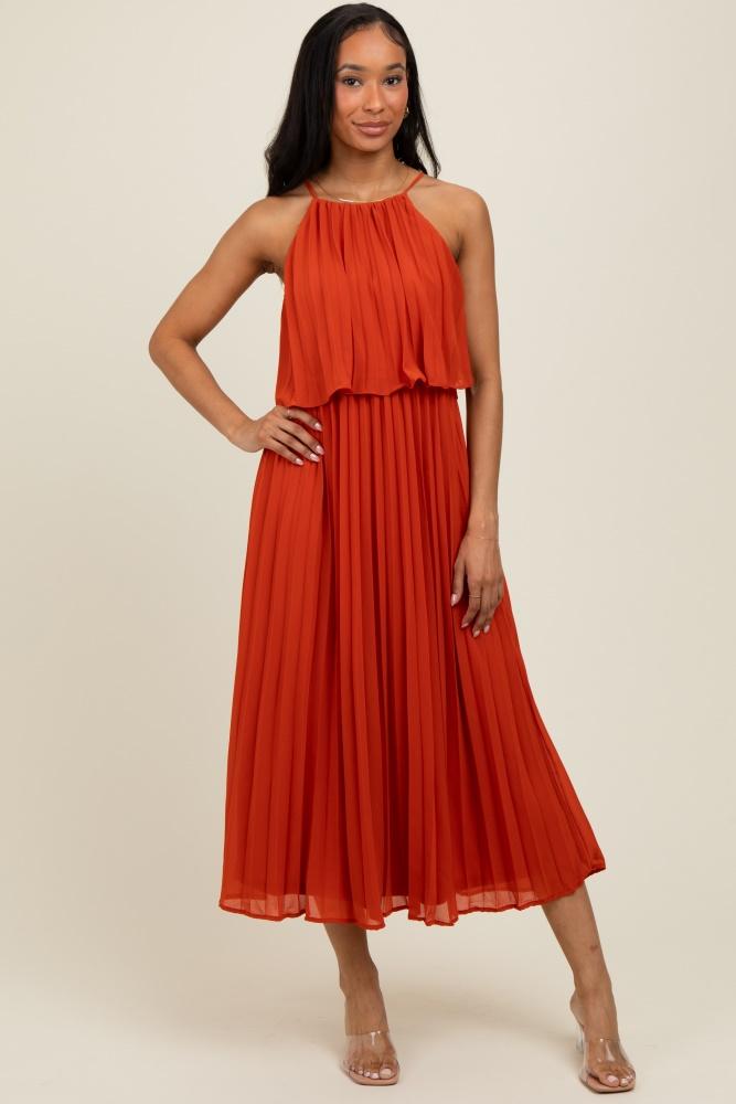 rust pleated woven midi dress