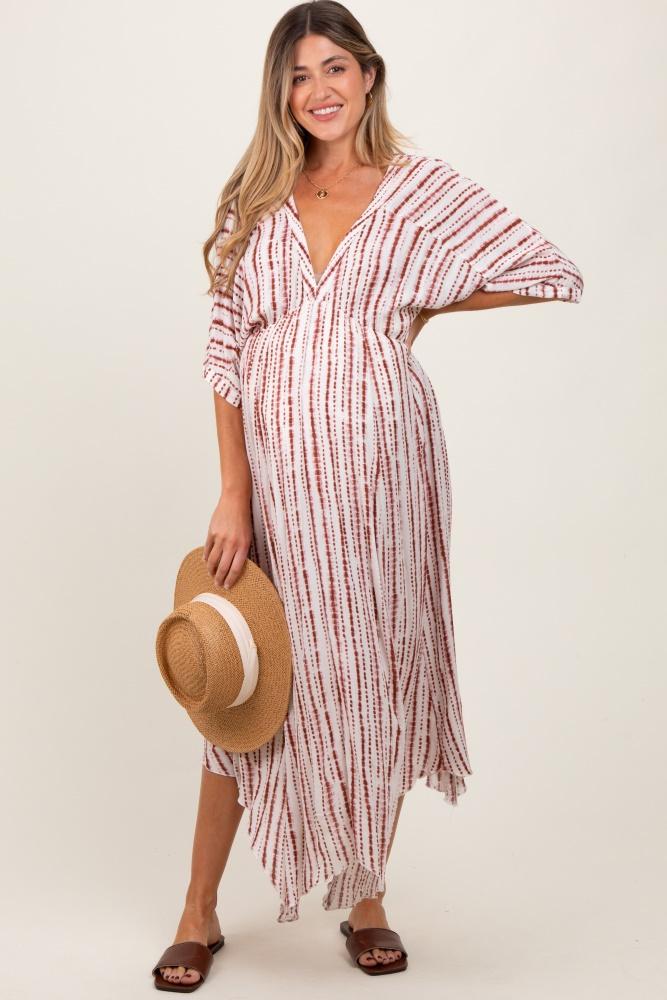 rust printed deep v-neck maternity midi dress