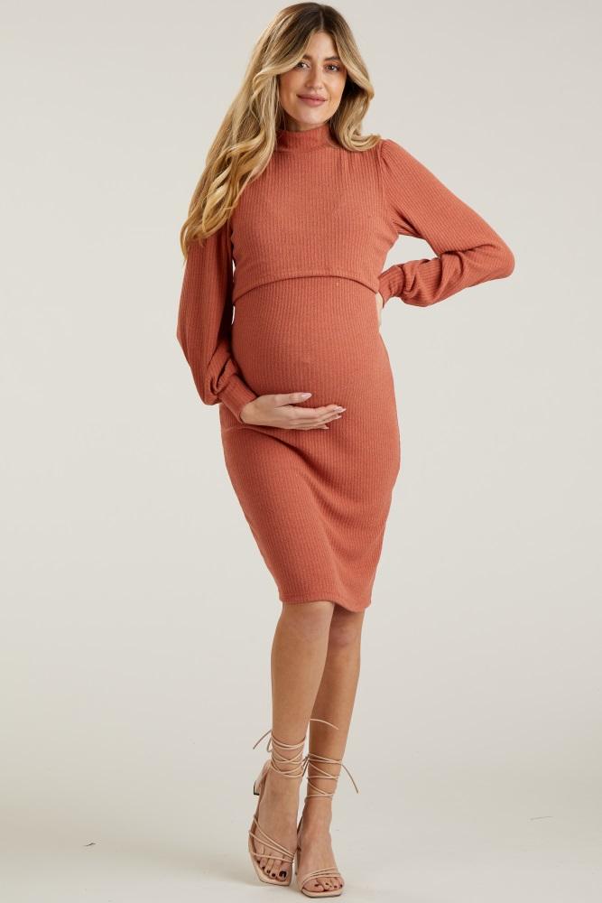 rust rib knit mock neck maternity nursing dress
