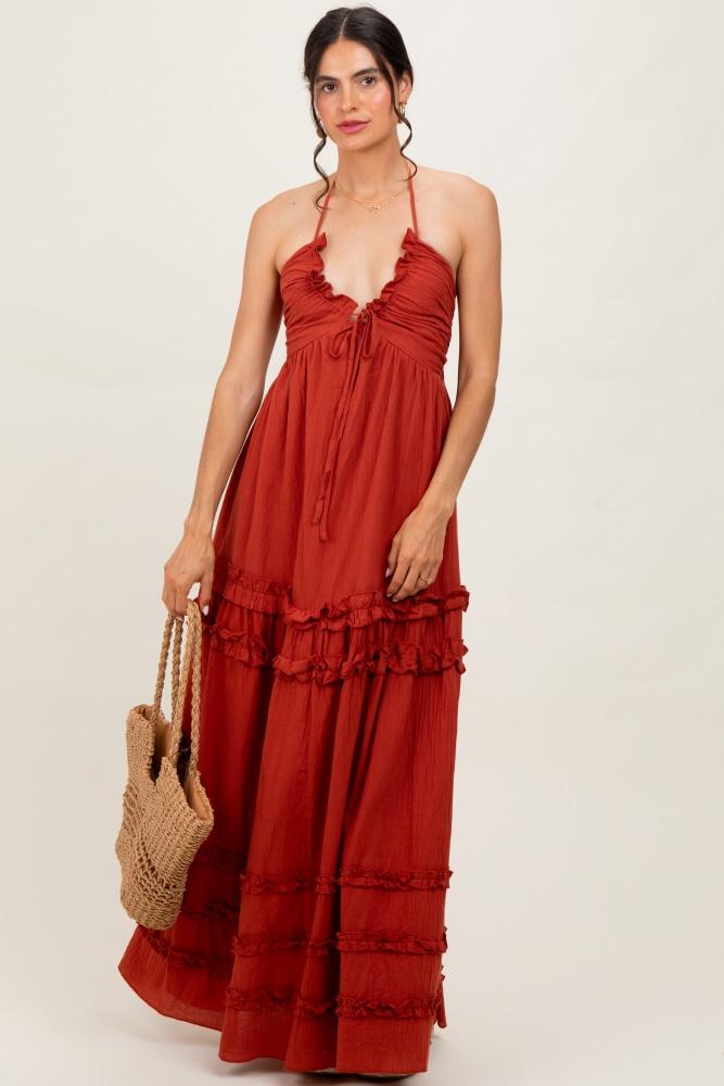 rust ruffle ruched deep v-neck maxi dress