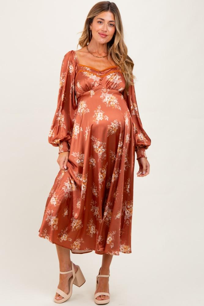 rust satin floral bubble sleeve maternity midi dress
