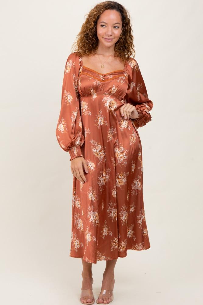 rust satin floral bubble sleeve midi dress
