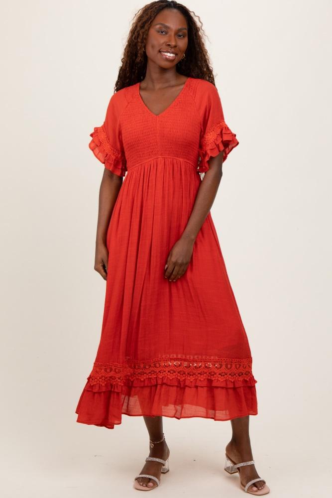 rust smocked crochet ruffle trim midi dress