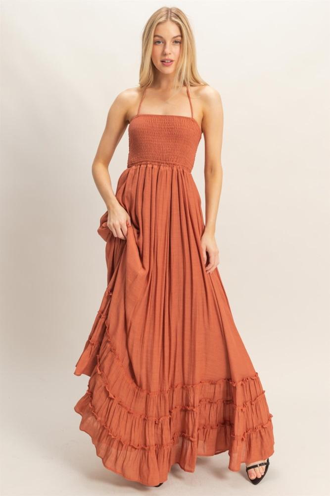 rust smocked halter open back maxi dress