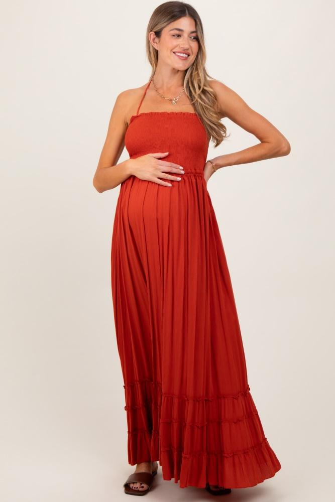 rust smocked woven maternity maxi dress