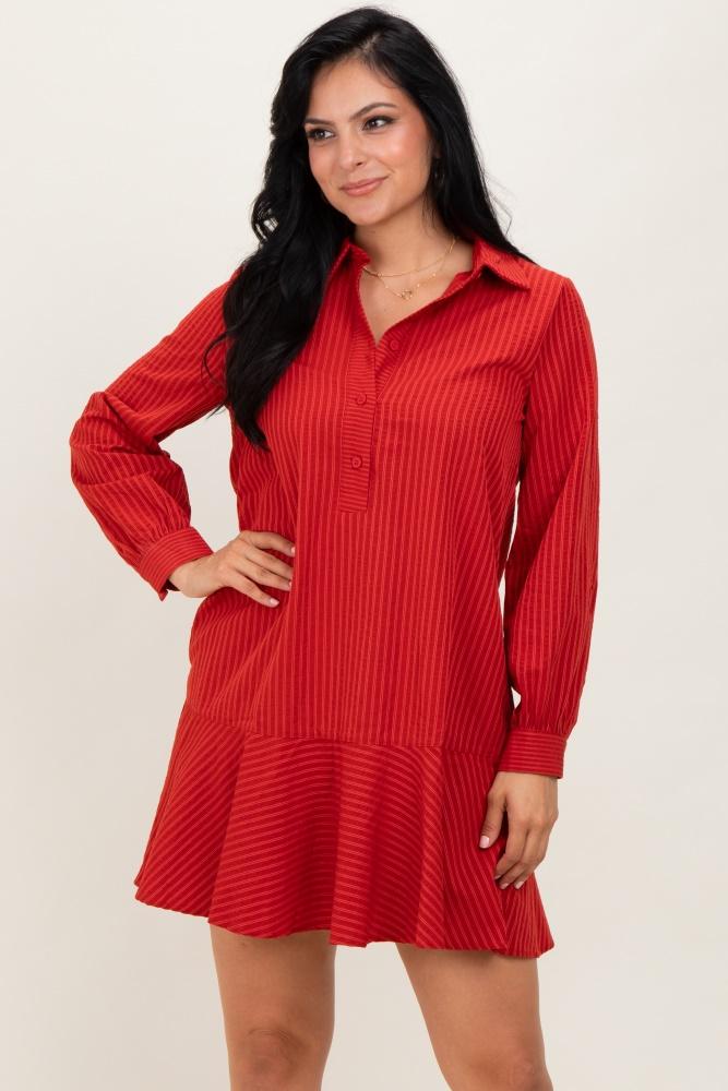 rust striped long sleeve drop waist polo dress