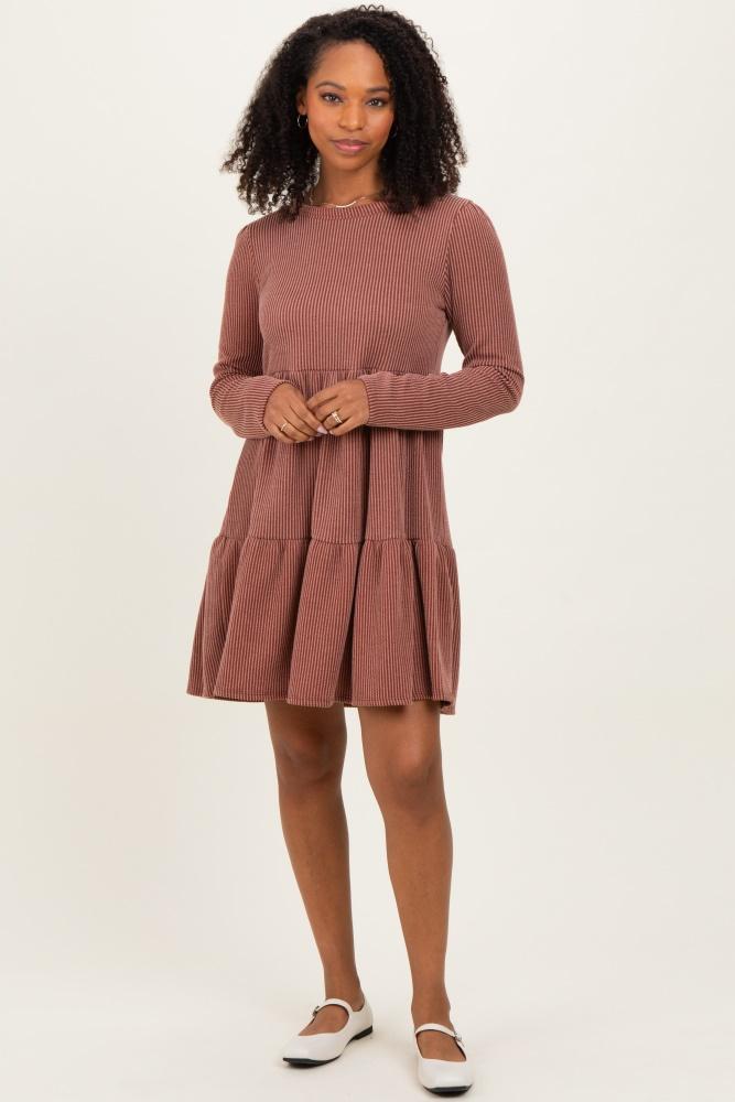 rust textured rib tiered long sleeve dress