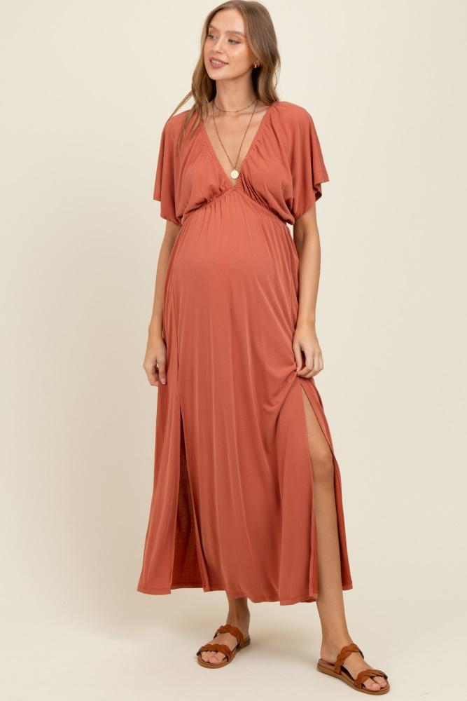 rust v-neck flutter sleeve side slit maternity maxi dress