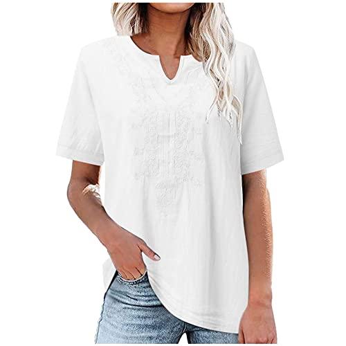 ruziyoog women's embroidered tops summer casual short sleeve cotton linen tunic tees solid color dressy blouse tshirts white