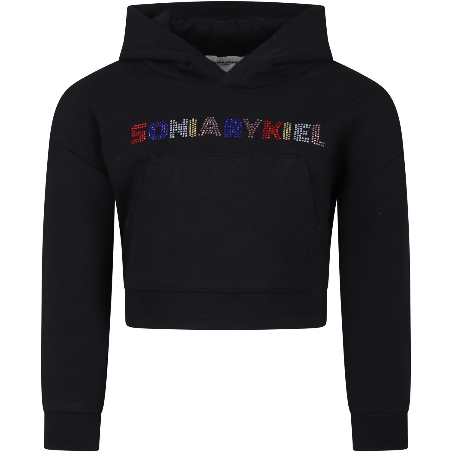 rykiel enfant black sweatshirt for girl with rhinestone logo