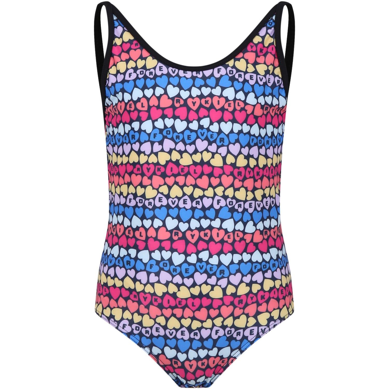 rykiel enfant multicolor one-piece swimsuit for girl with little hearts and all-over multicolor logo