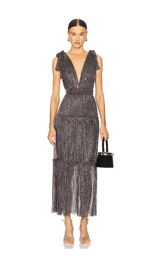 sabina musayev helena dress in metallic silver, grey.