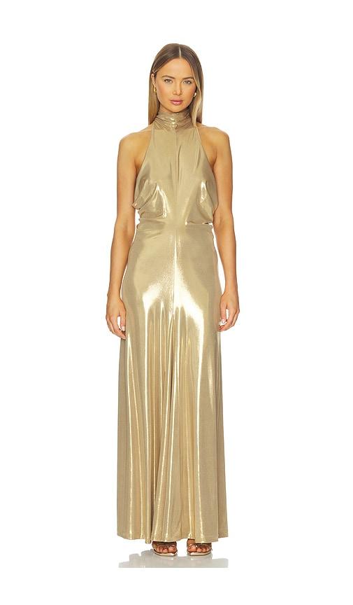 sabina musayev peirce dress in metallic gold.