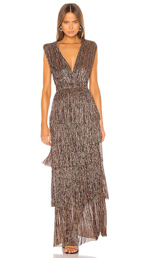 sabina musayev skylar gown in metallic bronze.