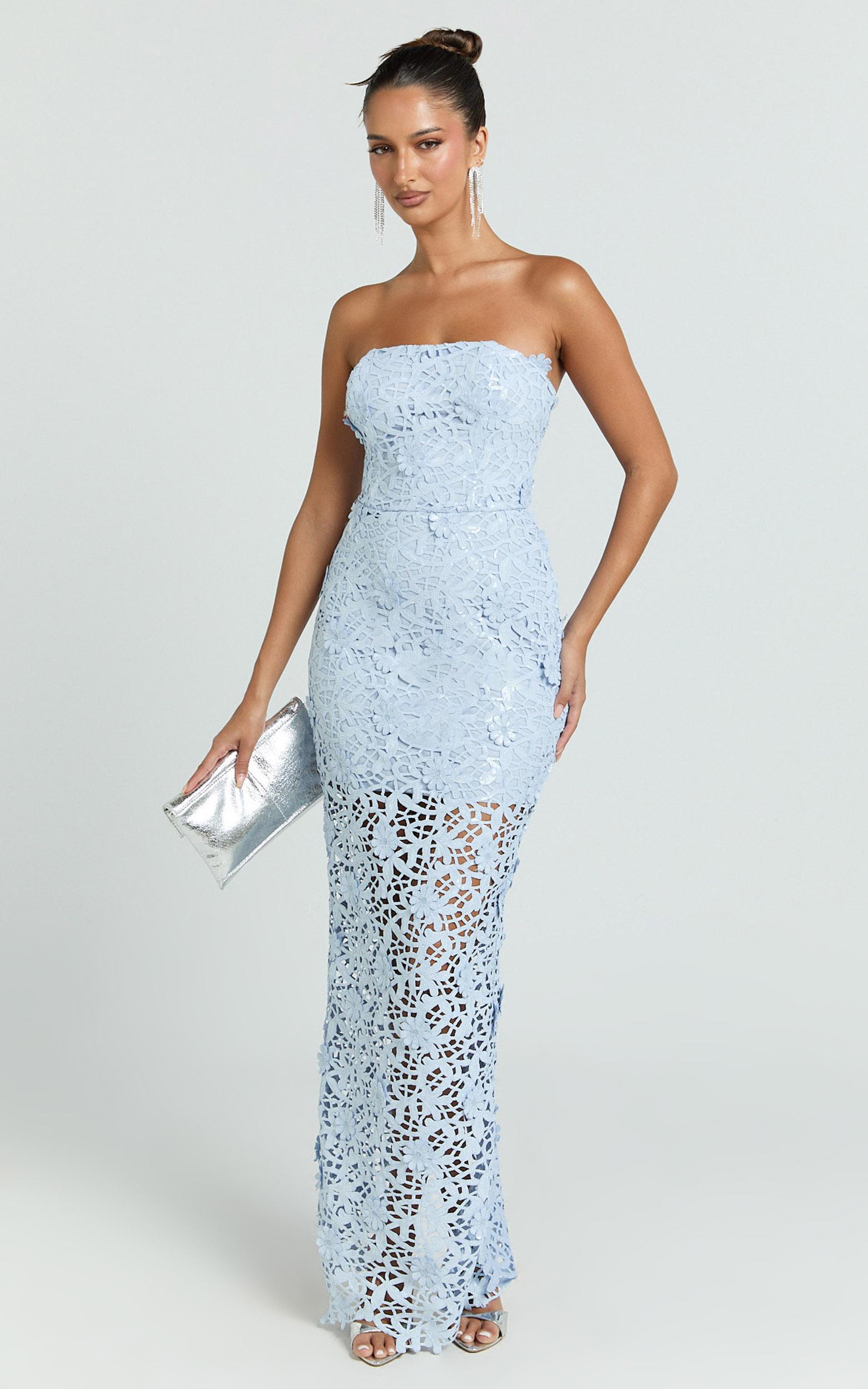 sabine maxi dress - 3d sequin floral strapless in sky blue