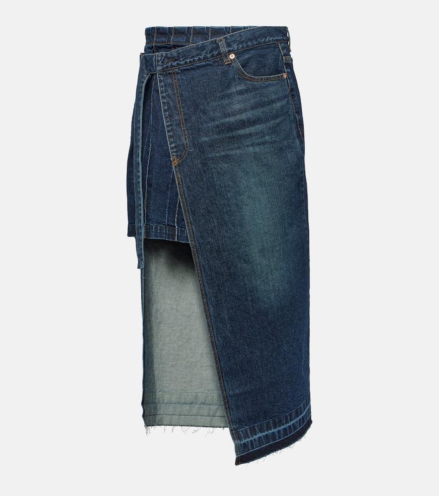 sacai asymmetric denim midi skirt
