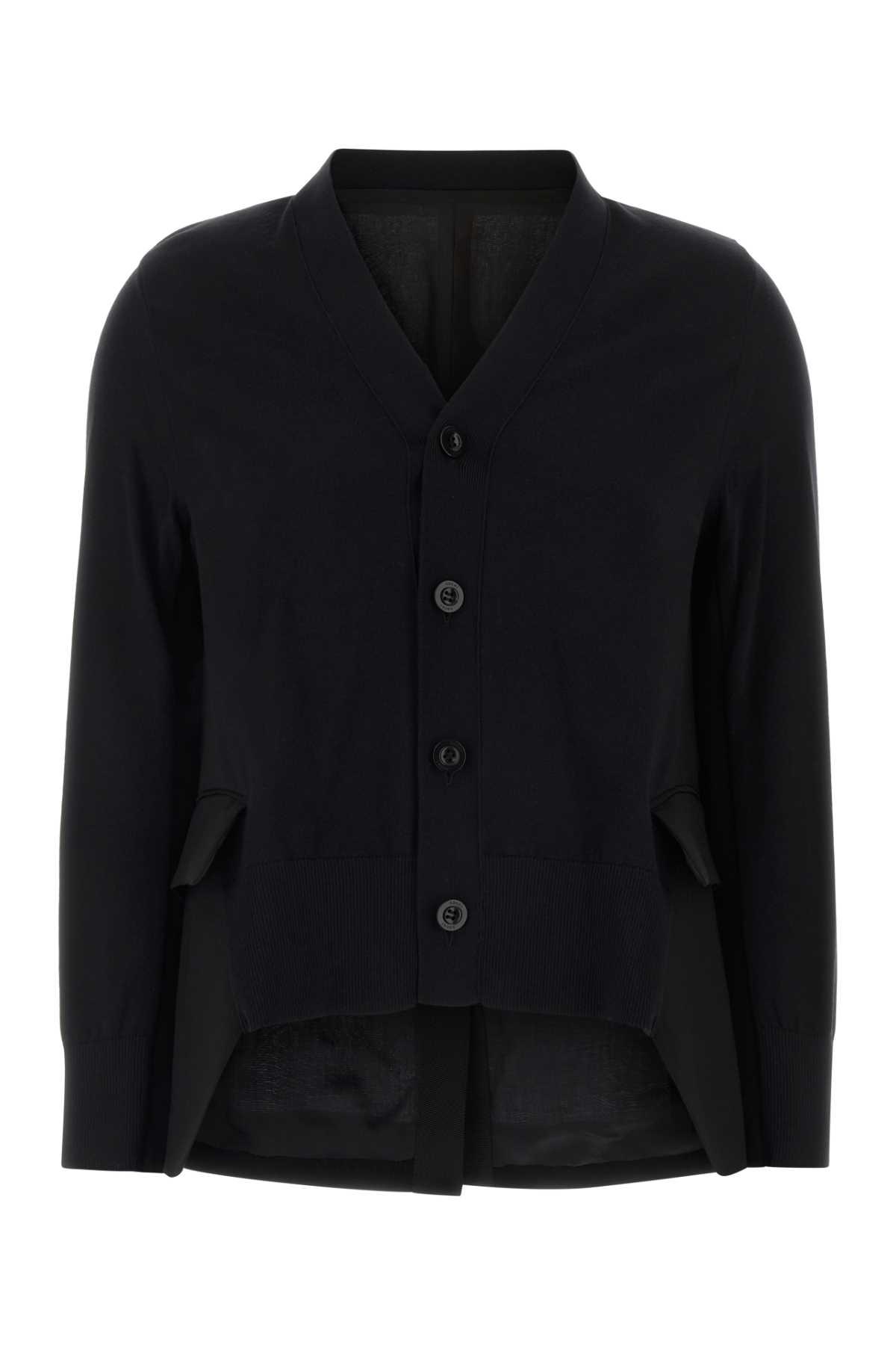 sacai black cotton blend and wool cardigan
