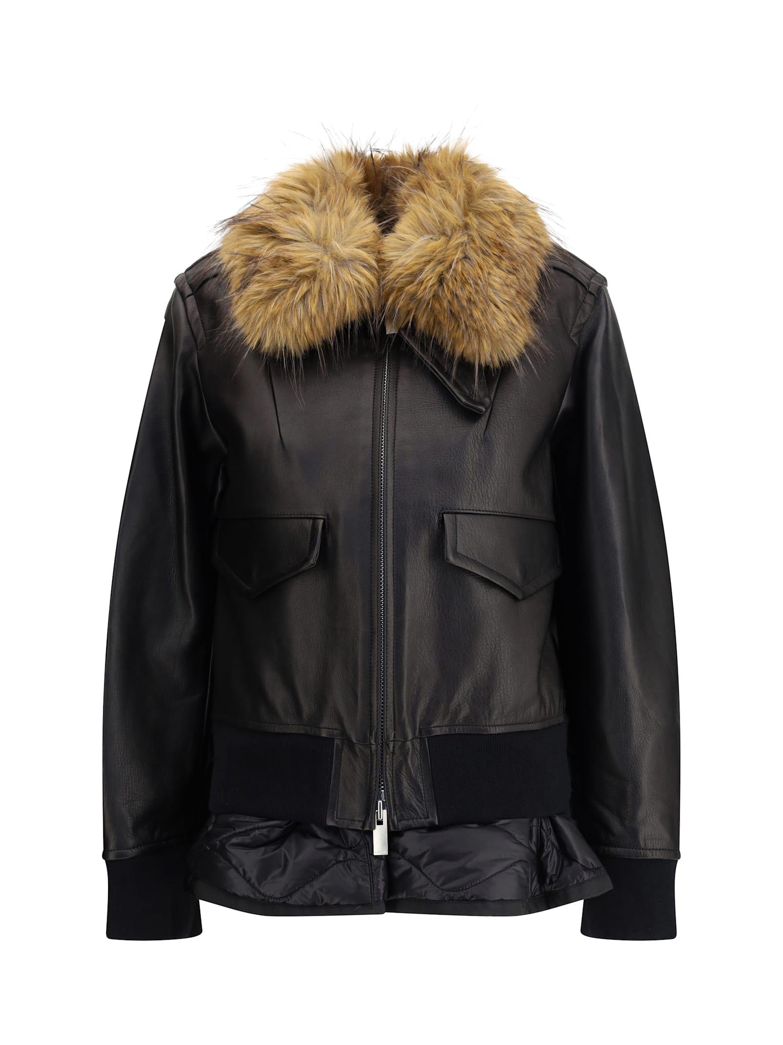 sacai leather jacket with a plush collar