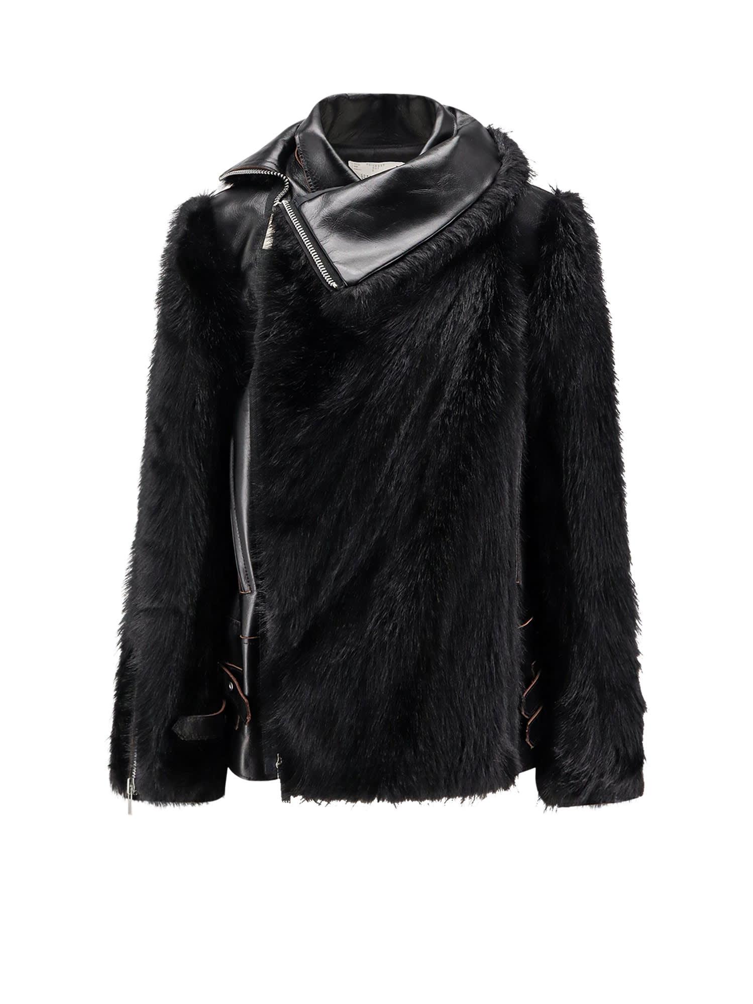 sacai leather jacket with synthetic fur inserts