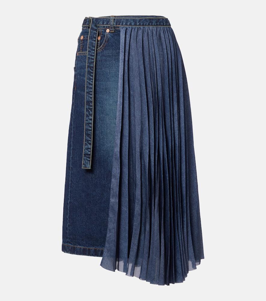 sacai pleated denim midi skirt