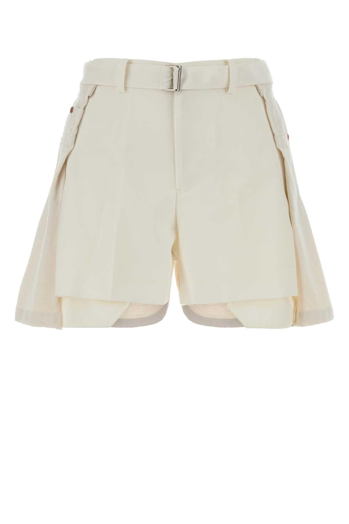 sacai white polyester and denim shorts