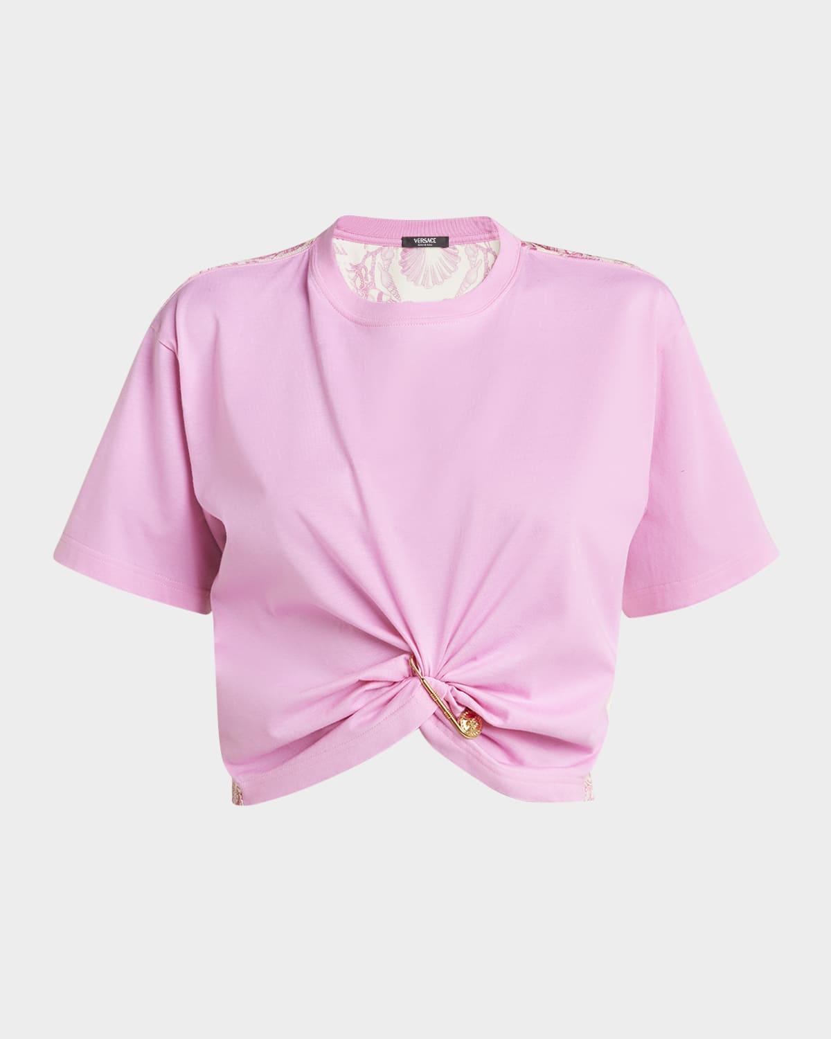 safety-pin twisted crop t-shirt with underwater barocco silk twill back
