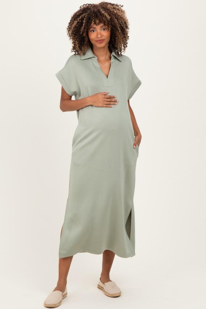 sage collared short sleeve maternity midi dress