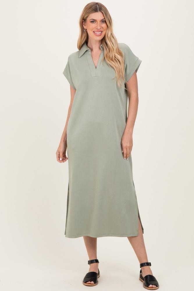 sage collared short sleeve midi dress
