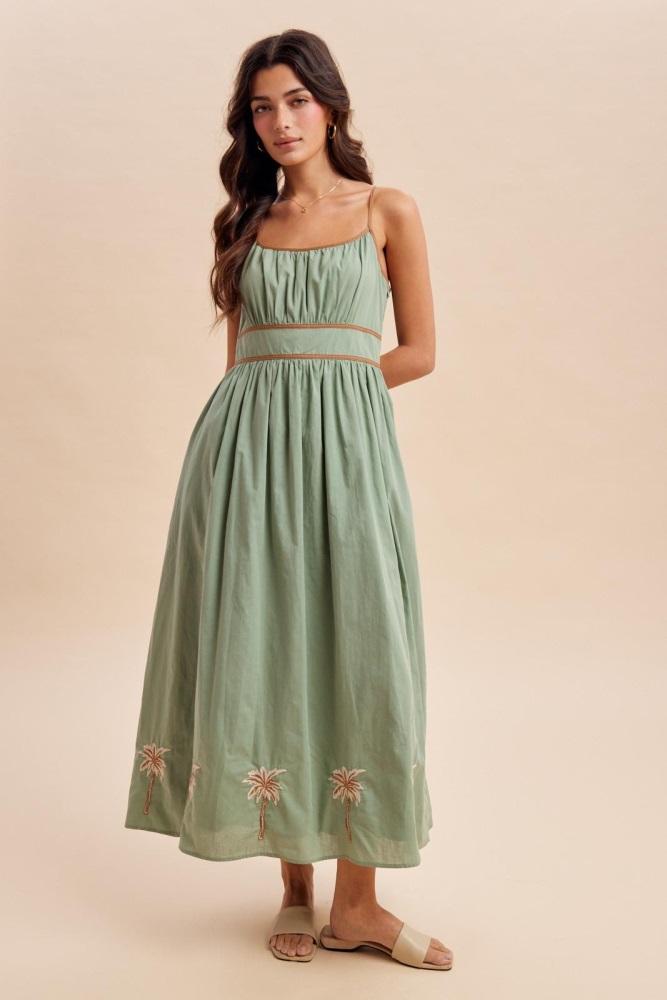 sage embroidered contrast sleeveless maxi dress