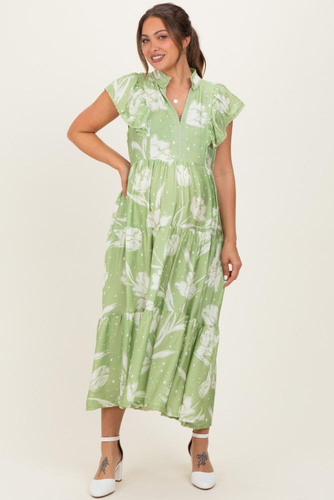 sage floral crochet lace accent maternity midi dress