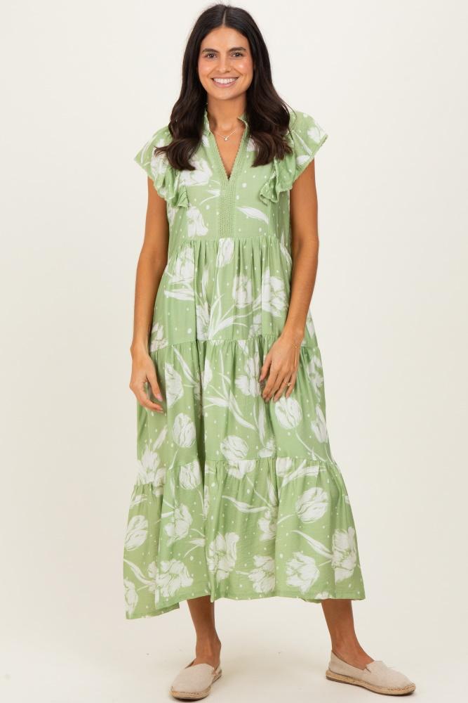 sage floral crochet lace accent midi dress