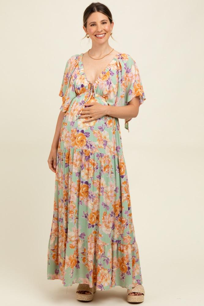 sage floral flyway sleeve v-neck tiered maternity maxi dress
