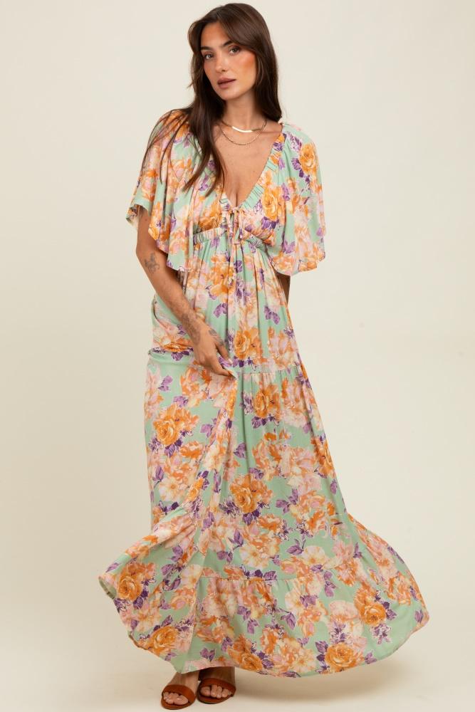 sage floral flyway sleeve v-neck tiered maxi dress