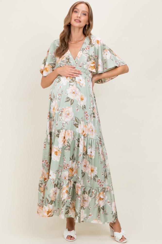 sage floral print elbow sleeve v-neck tiered maternity maxi dress