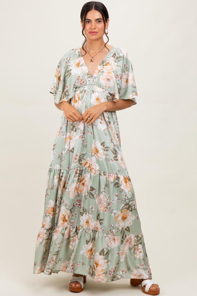 sage floral print elbow sleeve v-neck tiered maxi dress