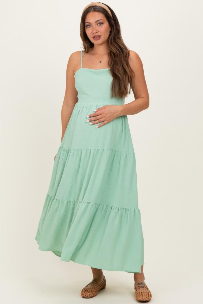 sage green tiered cutout tie back maternity midi dress