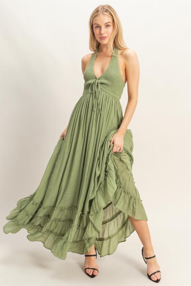 sage halter neck smocked maxi dress