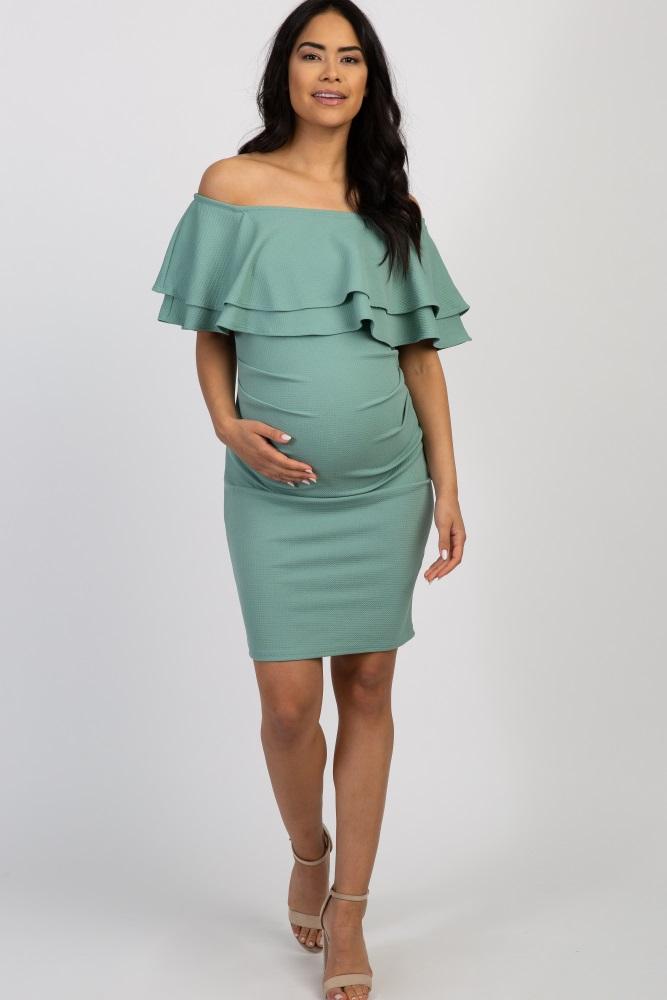 sage off shoulder fitted maternity dress
