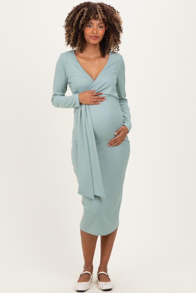 sage ribbed long sleeve maternity wrap dress