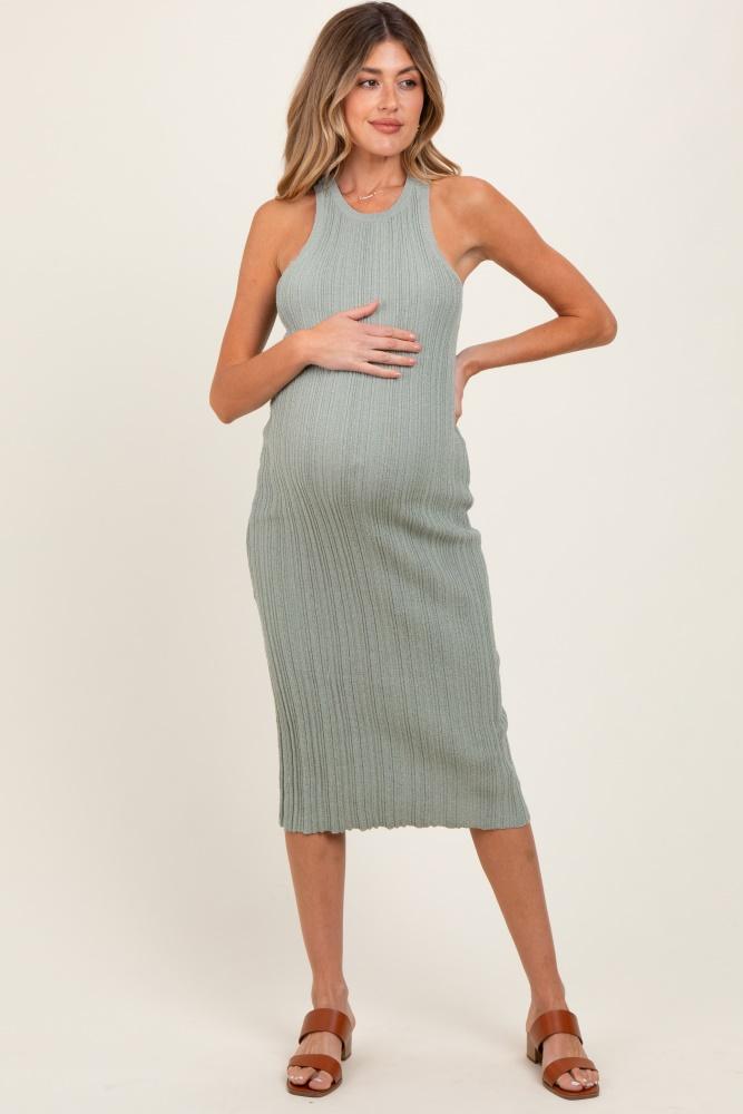 sage round neck bodycon ribbed knit maternity midi dress