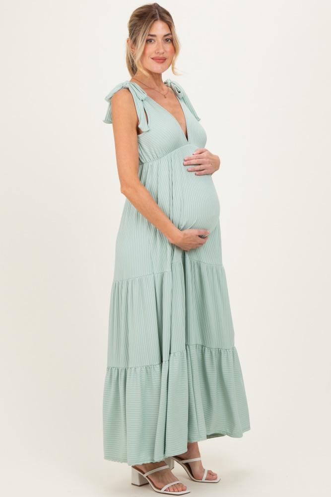 sage shoulder tie ribbed tiered maternity maxi dress