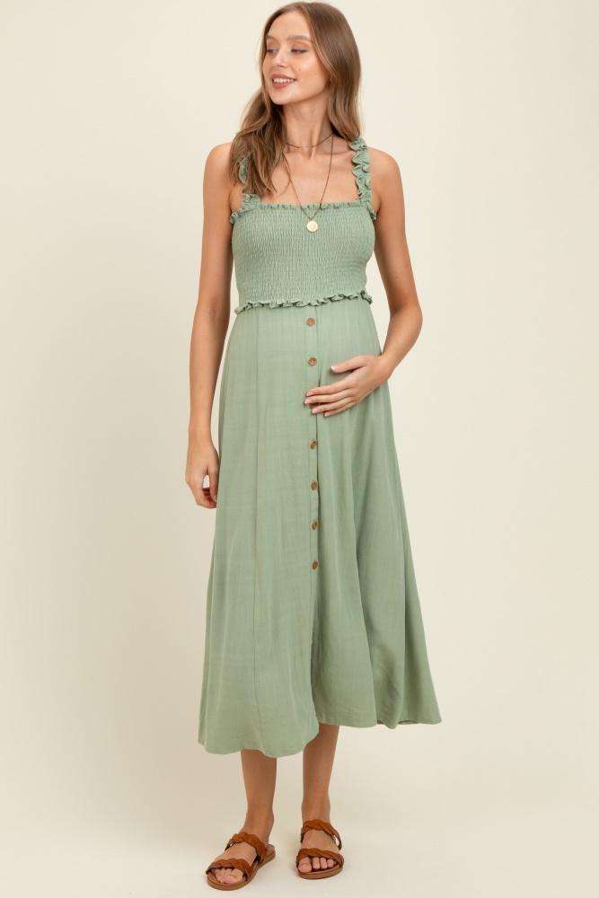 sage smocked button front linen blend maternity midi dress