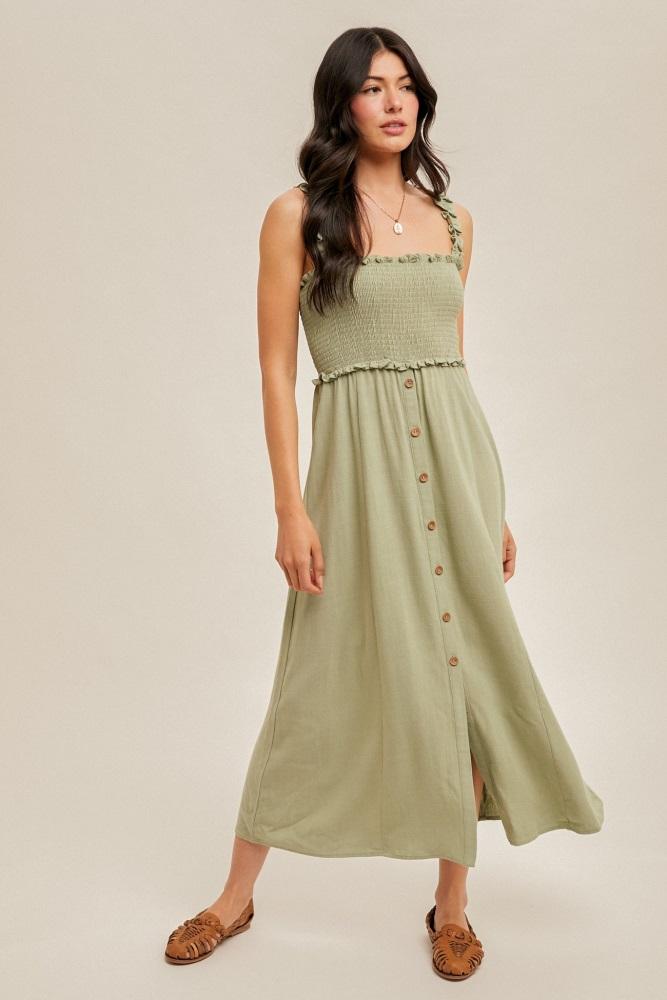 sage smocked button front linen blend midi dress