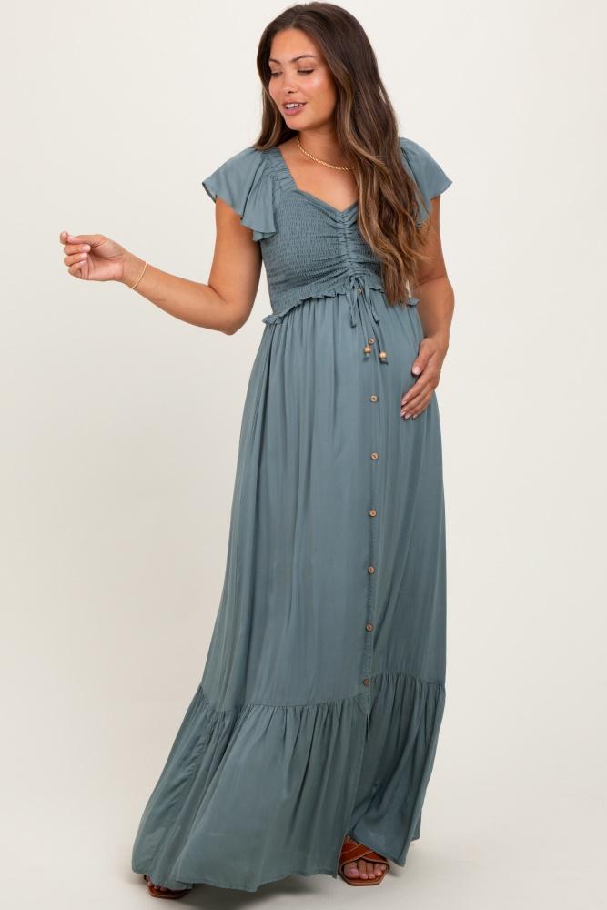 sage smocked top woven maternity maxi dress