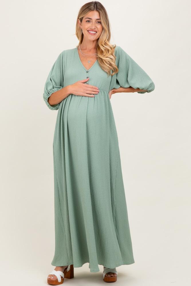 sage solid woven 3/4 sleeve v-neck button down maternity maxi dress
