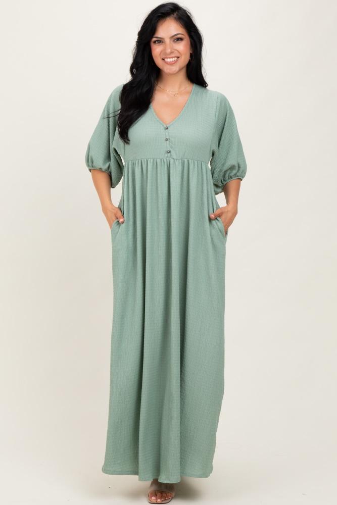 sage solid woven 3/4 sleeve v-neck button down maxi dress